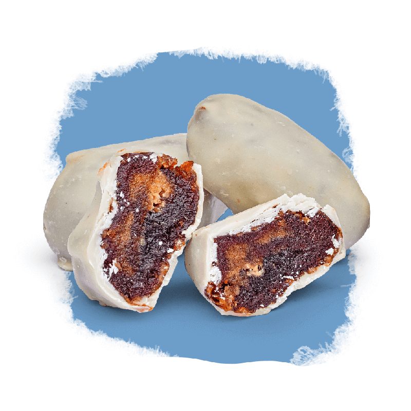 Tâmara jumbo com chocolate branco — Frutas Cobertas Selecto Cacau